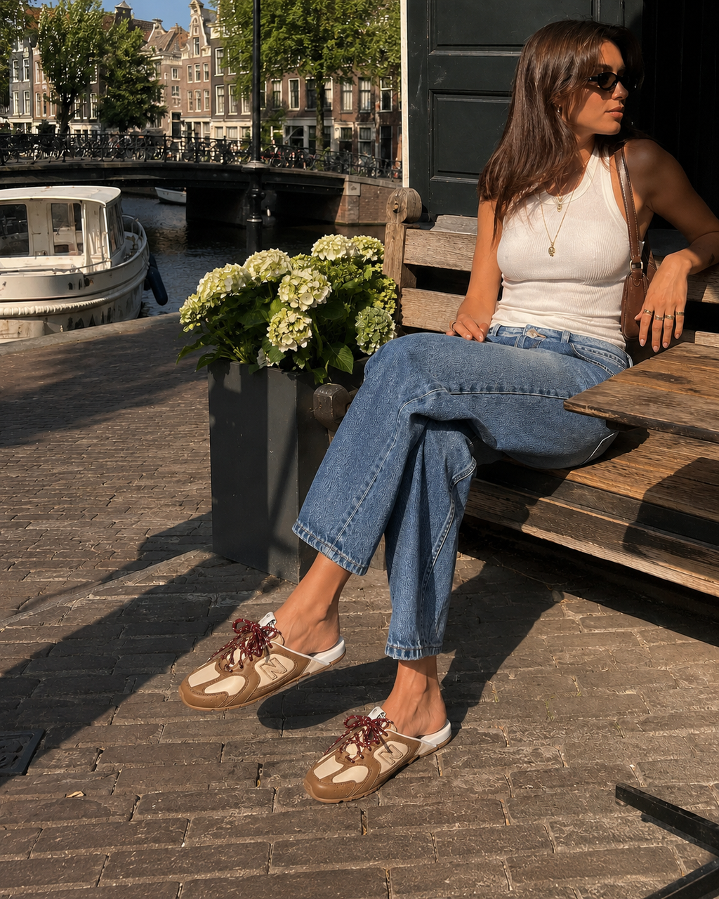 530 SL Mules – Cuir Blanchi & Semelle Gomme Cannelle Gris Travertin