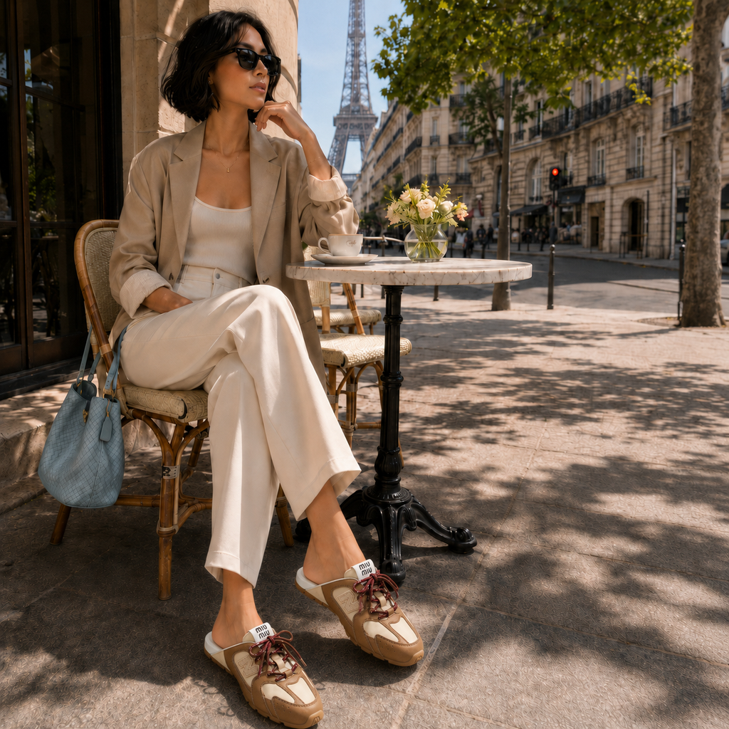 530 SL Mules – Cuir Blanchi & Semelle Gomme Cannelle Gris Travertin