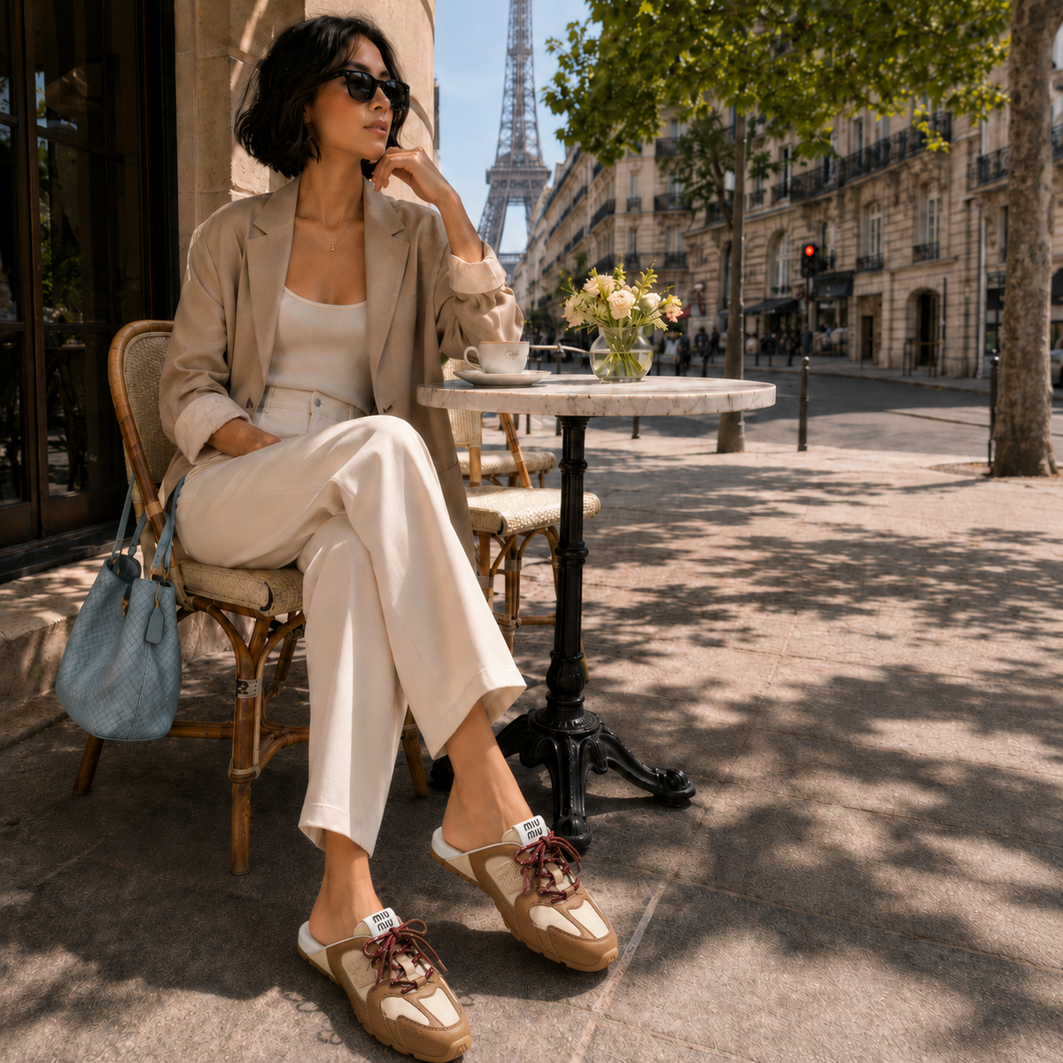 530 SL Mules – Cuir Blanchi & Semelle Gomme Cannelle Gris Travertin