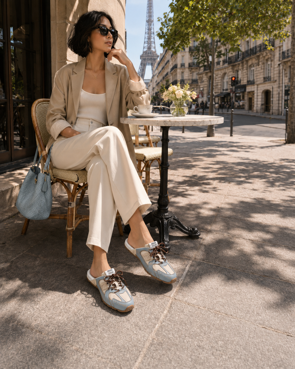 530 SL Mules – Cuir Blanchi & Semelle Gomme Bleu Ciel Gris Travertin